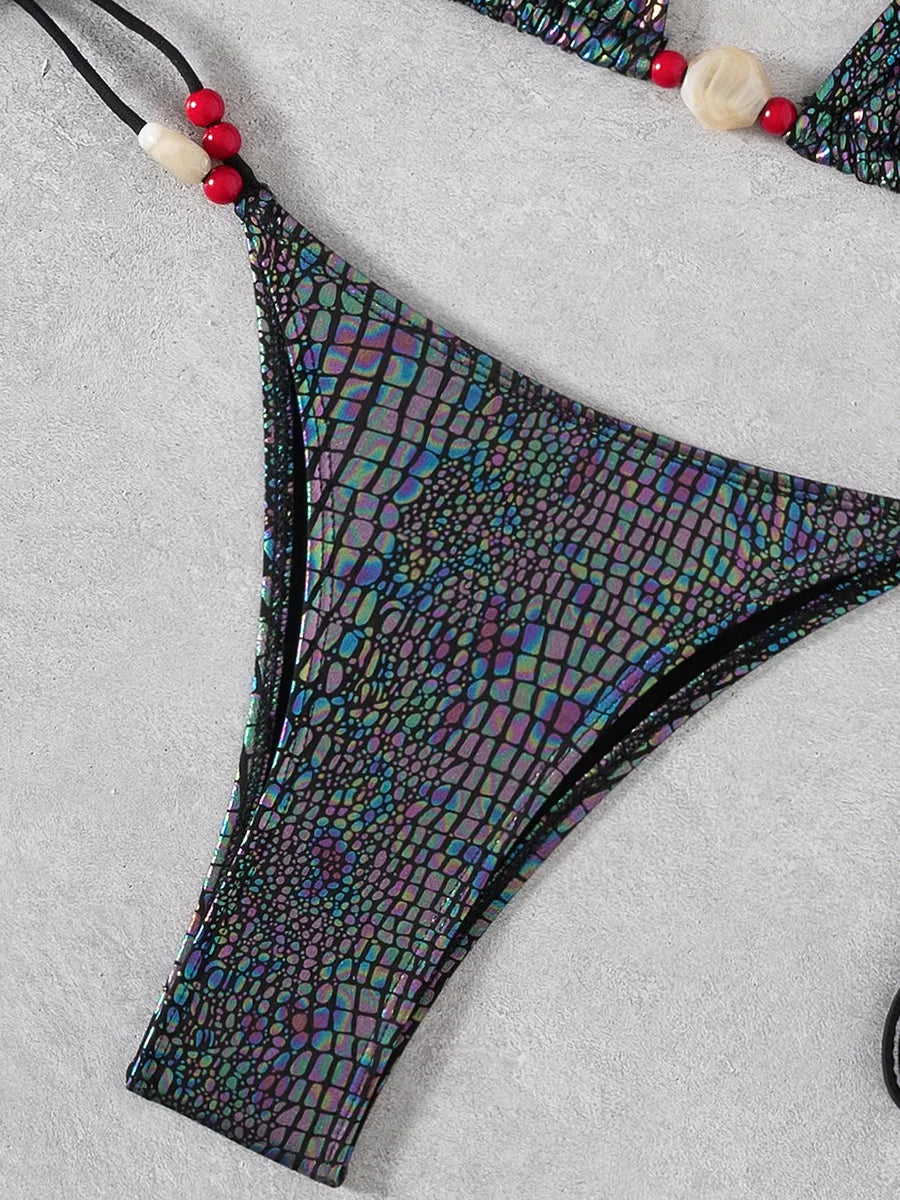 Snakeskin Halter Strappy Bikini Women Swimsuit Female Swimwear Two-pieces Bikini Set High Cut Leg Bather Bathing Suit Swim Lady