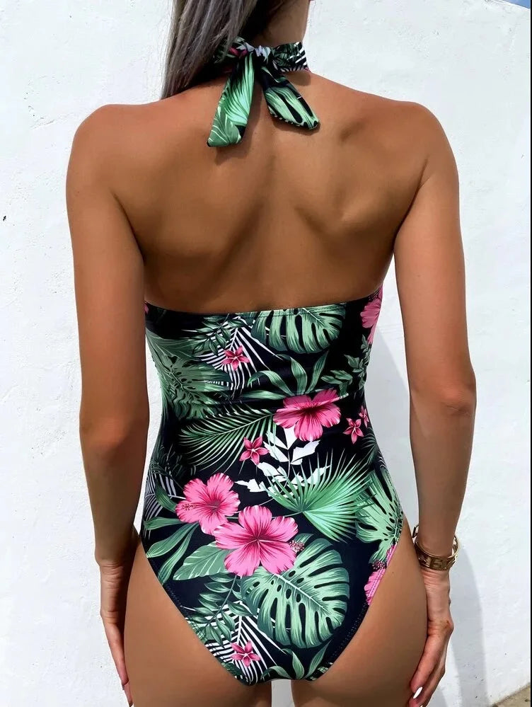 New Printed Conservative One-Piece Halter Neck Swimsuit Sexy Hard Bag Fashionable Holiday Beachwear High Waist Tie-Back Style