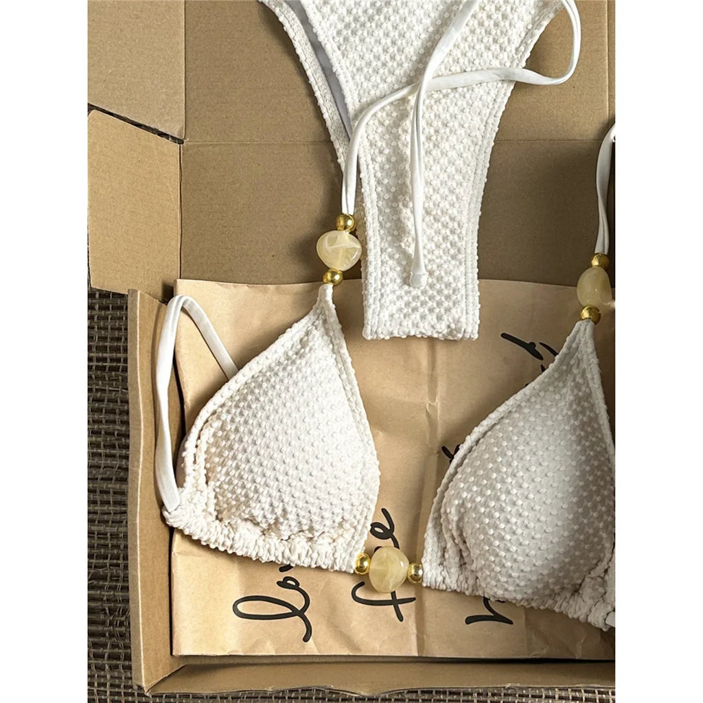 Wrinkled Crinkled Halter Bikini Female Swimsuit Women Swimwear Two-pieces Bikini set Brazilian Bather Bathing Suit Swim V8134