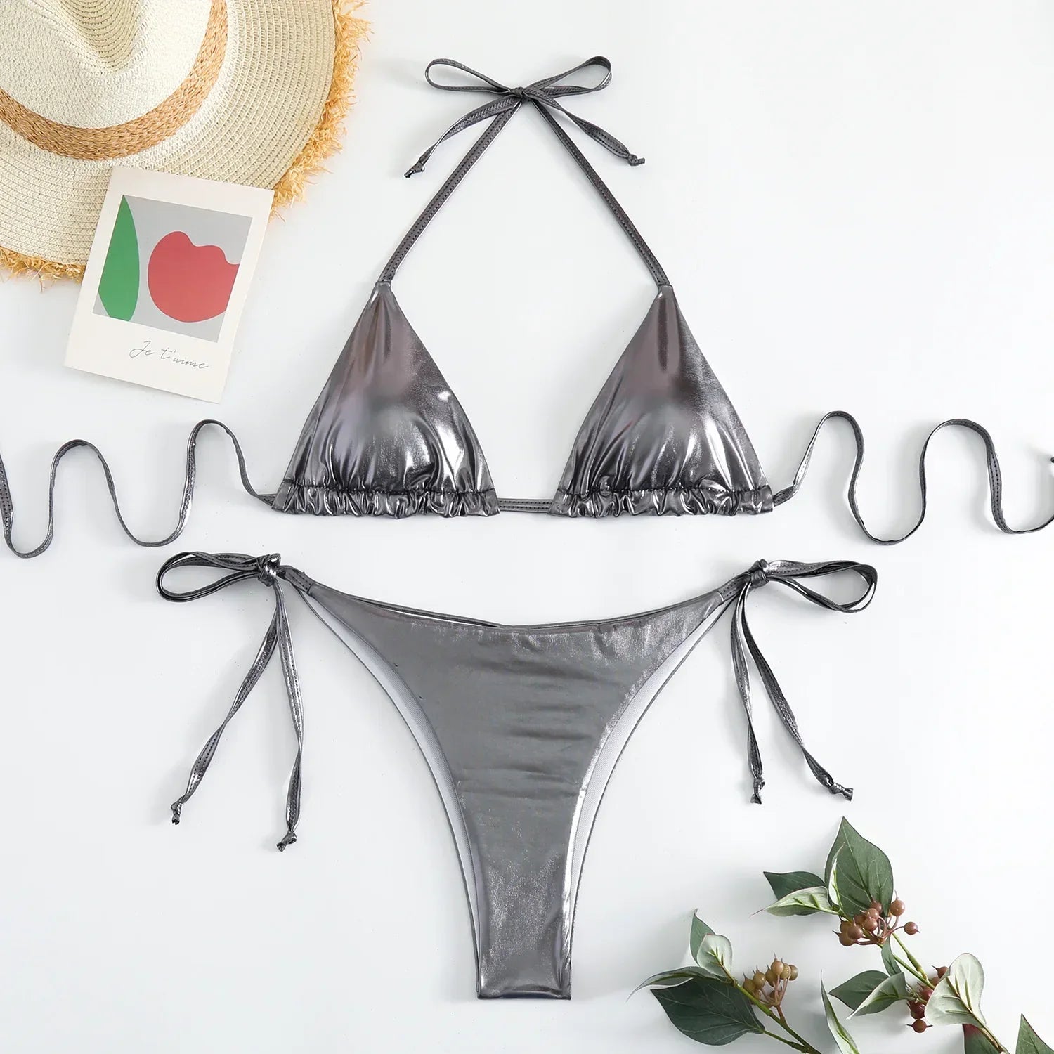 Sexy Shiny Pu Faux Leather Bikini 2025 Women Swimwear Female Swimsuit Two-pieces Bikini set String Bather Bathing Suit Swim Lady