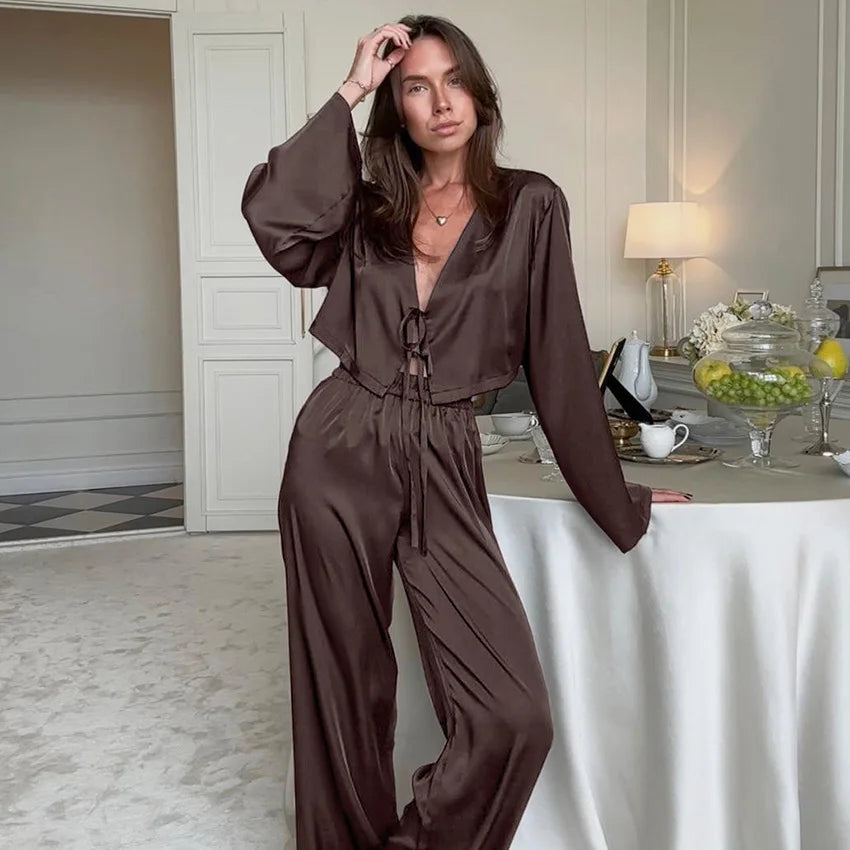 2026 New Women's Home Clothes Open Cardigan Belted Sleepwear Loose Long Sleeve Long Pant Smooth Comfort Spring Street Style