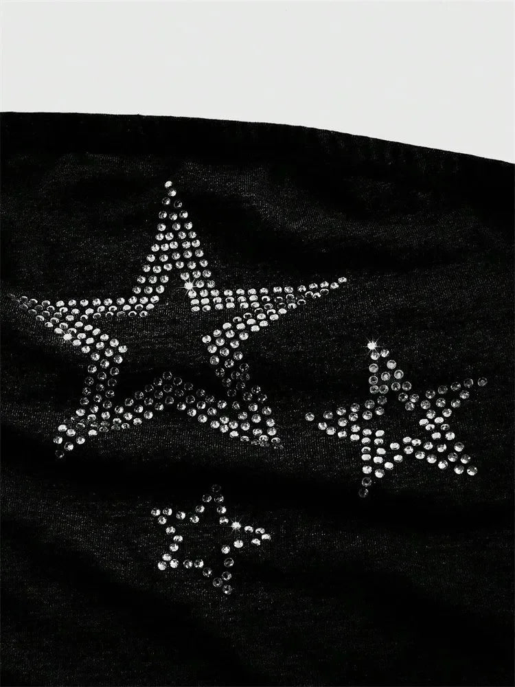 Rhinestones Star Pattern Tube Top for Women Sexy Off the Shoulder Ruched Crop Top Summer Y2K Clothes Streetwear