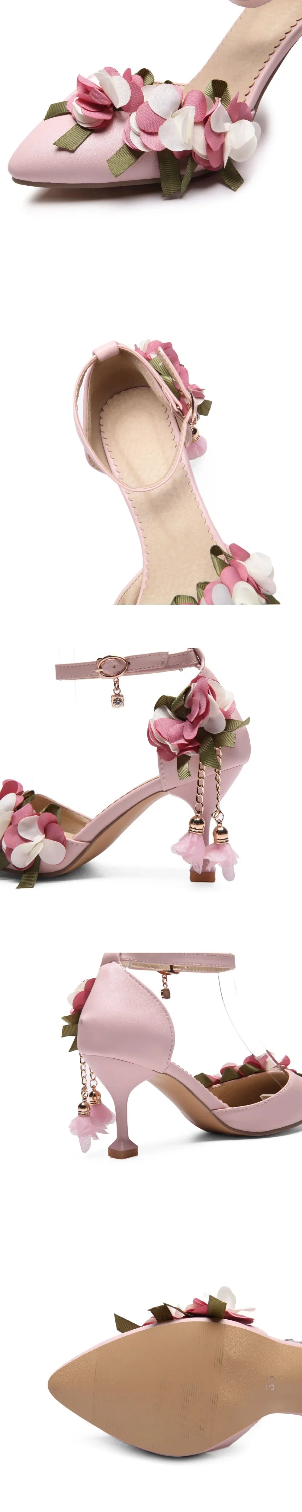 Small Big Size 32-46 Women's Elegant Pink Flowers High Heels Sandals Summer Sexy Pointy Toe Party White Wedding Sandals Shoes