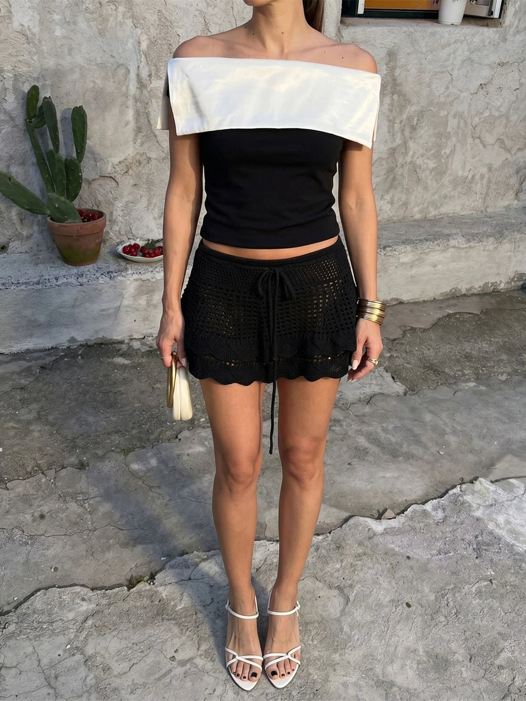Womens Crochet Knit Mini Skirt Casual Stylish Drawstring Low Rise Tiered Hem Short Skirt Summer Beach Holiday Boho Cover-ups