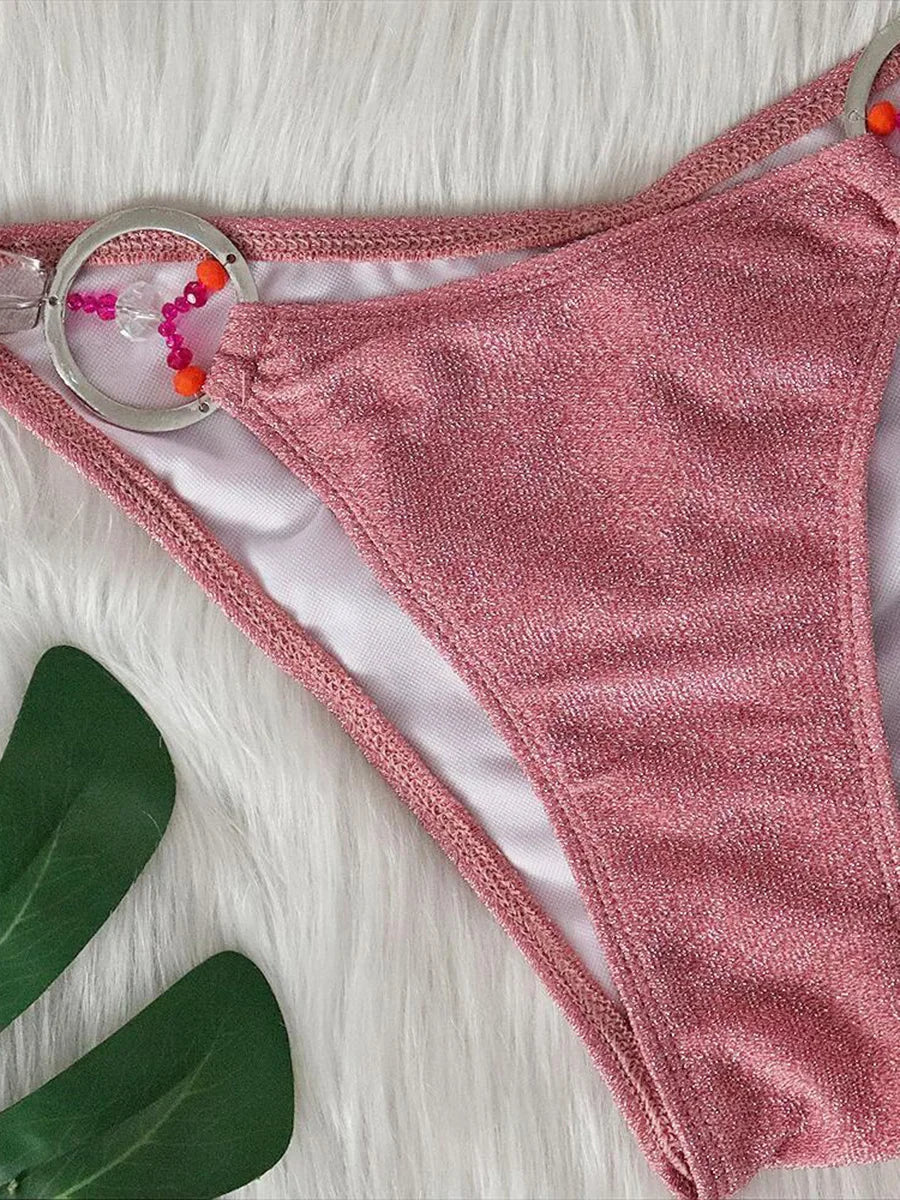 2025 Halter Sparkling Brazilian Diamond Bikini Women Swimsuit Female Swimwear Two Pieces Bikini Set PU Leather Bathing Suit Swim