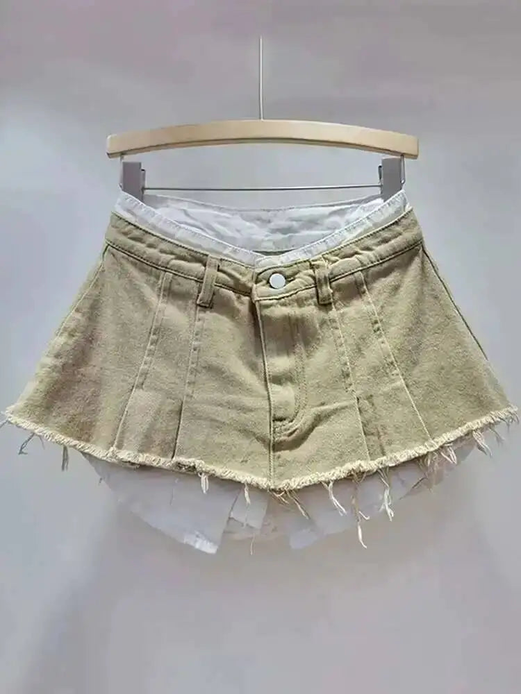 Women's Denim Skirt High Waist Pleated Patchwork Contrast Color Big Pockets Burrs A-line Mini Skirt 2026 Summer New SKIRTS 7W7E