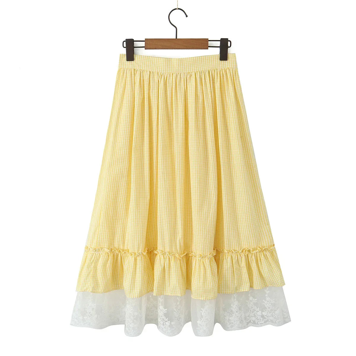 Foridol Gingham Printed Yellow Women Summer Dress Set Lace Top+skirt Sets Vintage French Style Midi Dress Oufits Plaid Vestidos