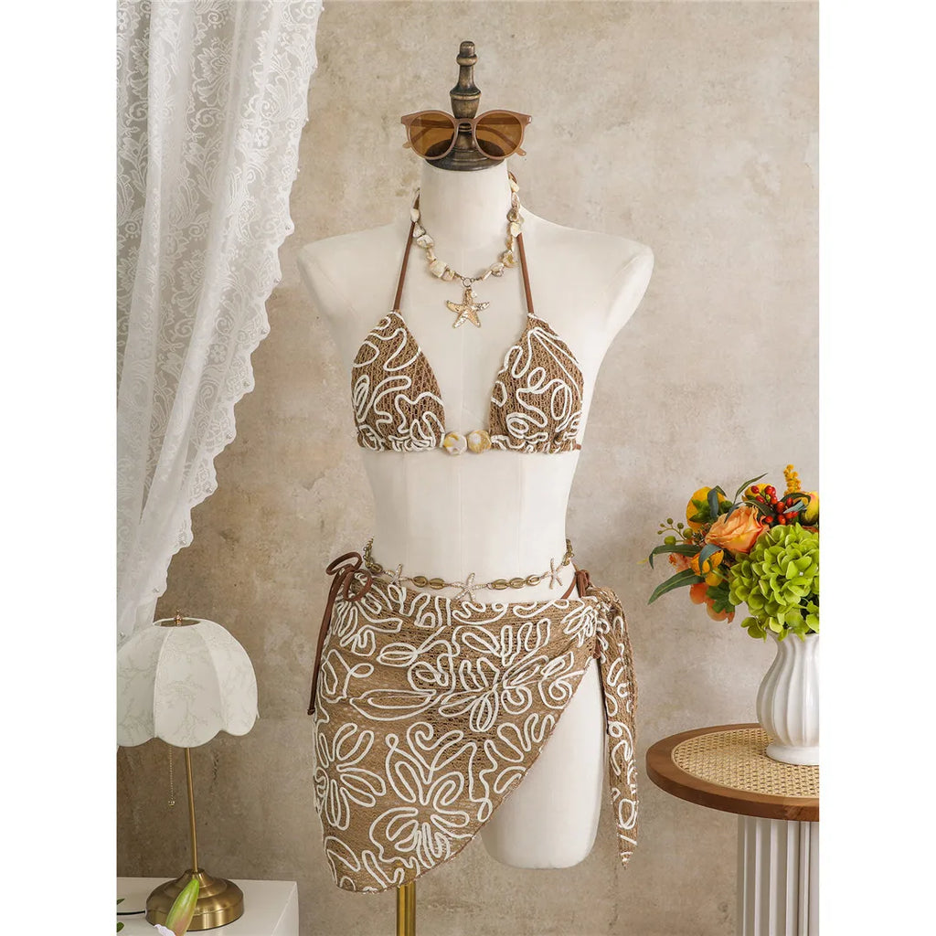 With Sarong Halter Printed Bikini Women Swimwear Female Swimsuit Padded Bather Bathing Suit Swim Three-pieces Bikini set K8073