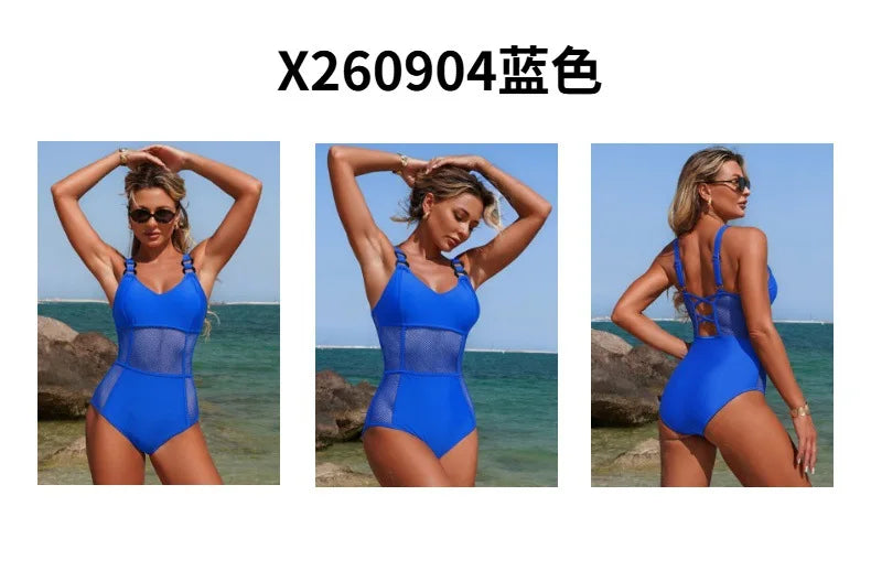 Sexy Black White One Piece Swimsuit 2026 Women Circle Strap Mesh Patchwork Slim Tummy Control Swimwear See Through Bathing Suits