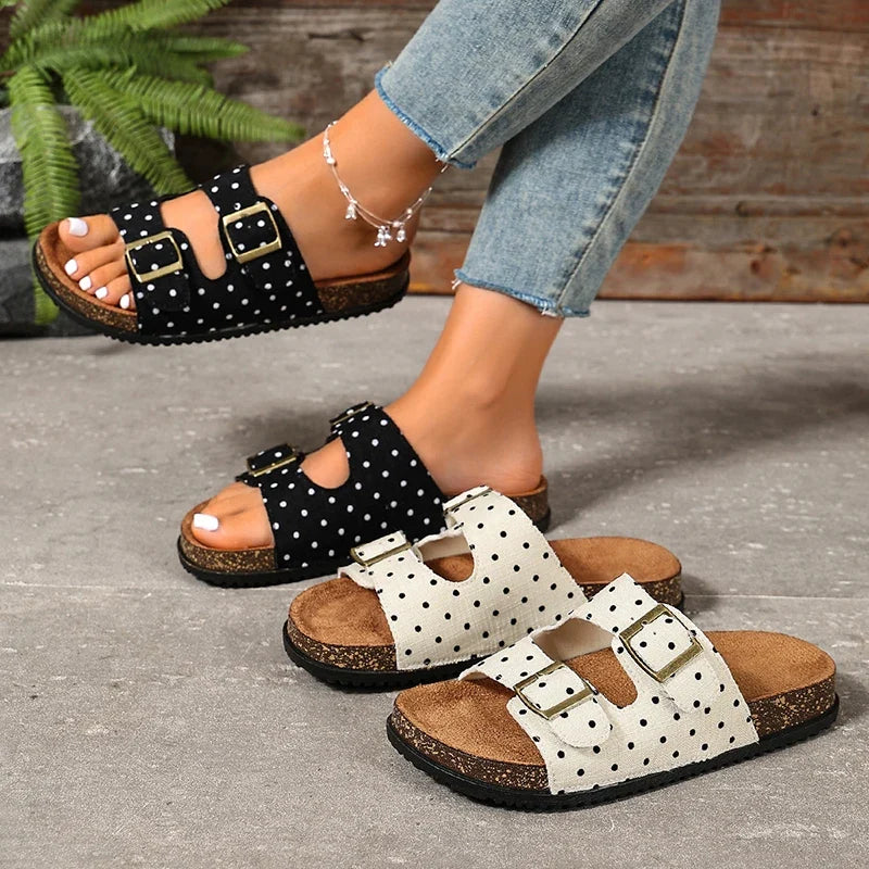 Vinatge Polka-Dot Birken Slippers Women 2026 Fashion Double Buckle Thick Sole Clogs Sandals Woman Plus Size 43 Summer Sandles