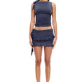 Women Summer Skirts Outfits Solid Color Tie-Up Sleeveless Tank Tops Ruffles Mini Skirts 2 Pieces Clothes Sets