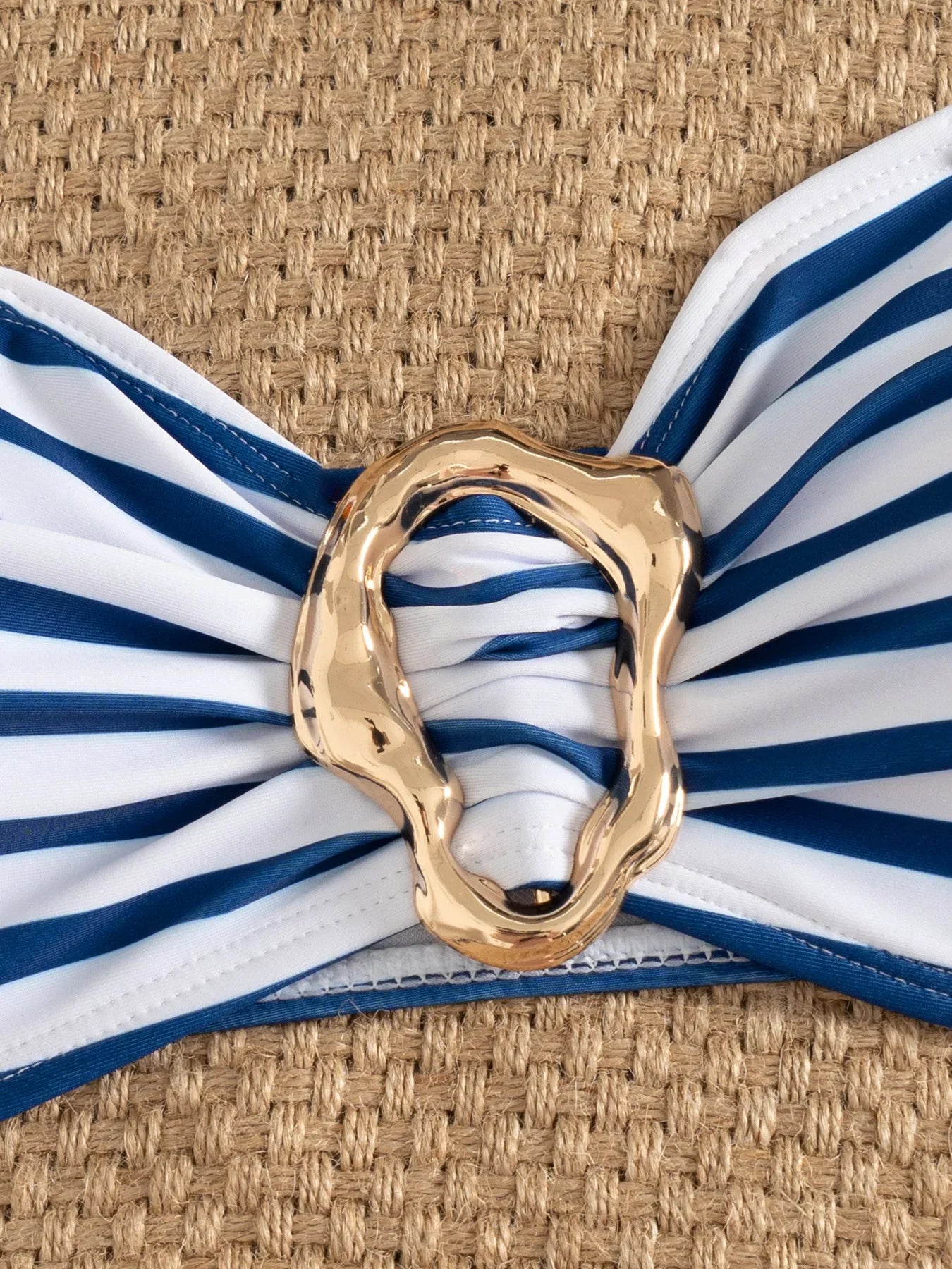 Sexy Blue Striped Micro Bikini 2026 Women Bandeau Front Metal Circle Push Up Bra High Waist Swimsuit Beach Bathing Suit Swimwear