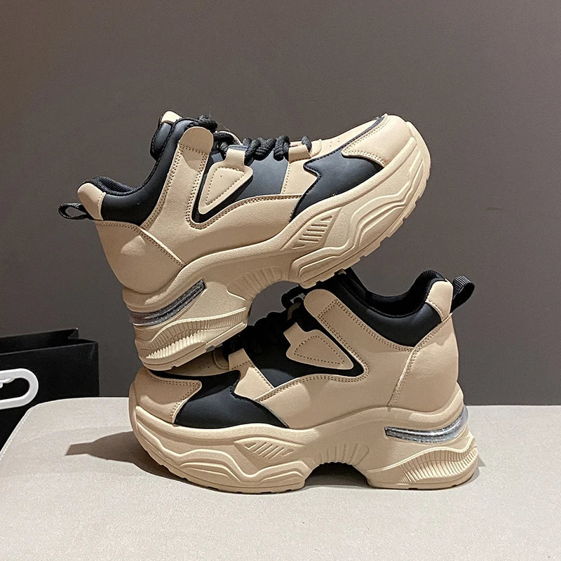 Chunky Platform Women Sport Sneaker Lace-Up Thick Bottom Vulcanize Shoes Woman Spring Autumn Pu Leather Breathable Running Shoes