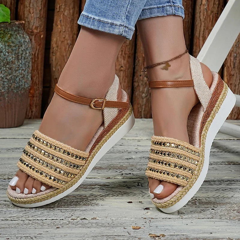Gold Rivets Decor Wedges Sandals Women Summer Lightweight Platform Sandles Woman Plus Size 43 Ankel Buckle Rome Sandalias Mujer