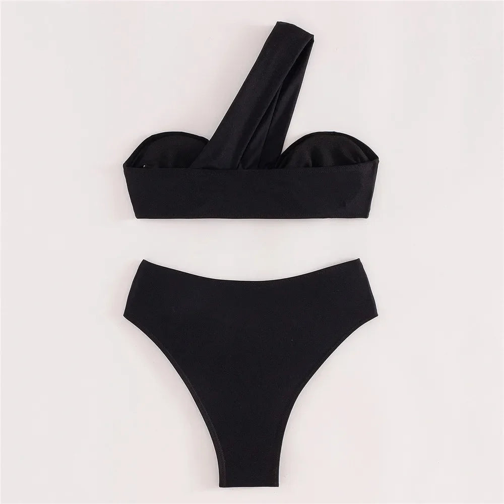 Brown One Shoulder Bikini High Waist Sexy Swimsuit Women 2026 Solid Swimwears Bathing Suit Bandeau Bikinis Sets De Mujer Biquini