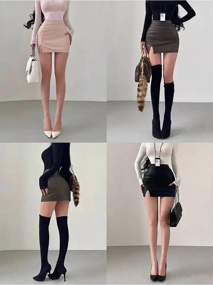 Mature Pure Desire Sexy High Waist Hip Slit Anti-Exposure Bodycon PU Leather Mini Skirt Fashion Sexy Women Mini Skirts 99JO