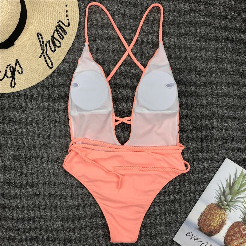 Sexy Deep V Neck Wrap Around Female Swimwear One Piece Swimsuit Women Backless Monokini High Leg Cut Bathing Suit Swim Beachwear