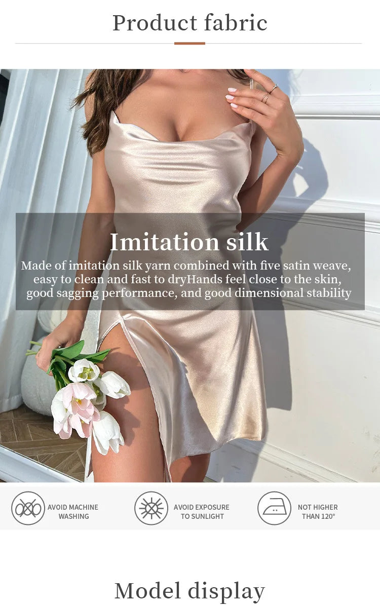 Women's Solid Silk Satin Split Slip Nightdress Elegant V Neck Backless Spaghetti Straps Sleep Dress Sleepwear Nightgowns