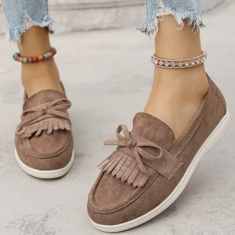 Retro Tassel Bowknot Flats Shoes Women Solid Color Faux Suede Flat Shoes Woman Wear Resistant Plus Size 36-43 Casual Shoes Lady