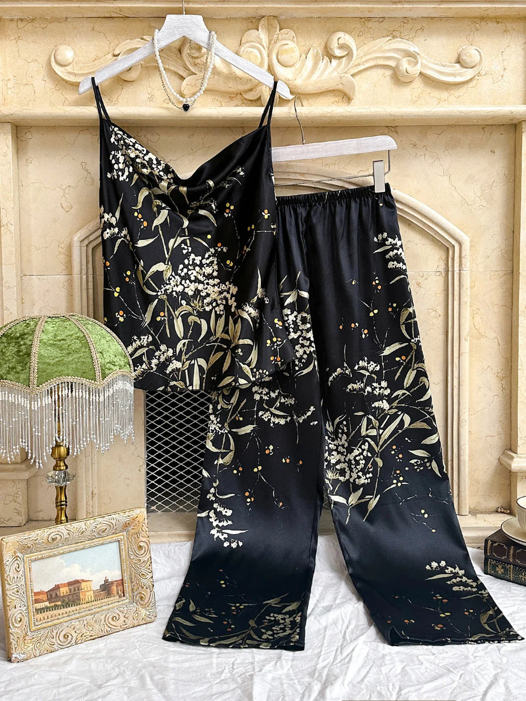Small Cherry Print Pajamas Set Spring Summer Halter Pants Two Piece Thin Home Wear Women