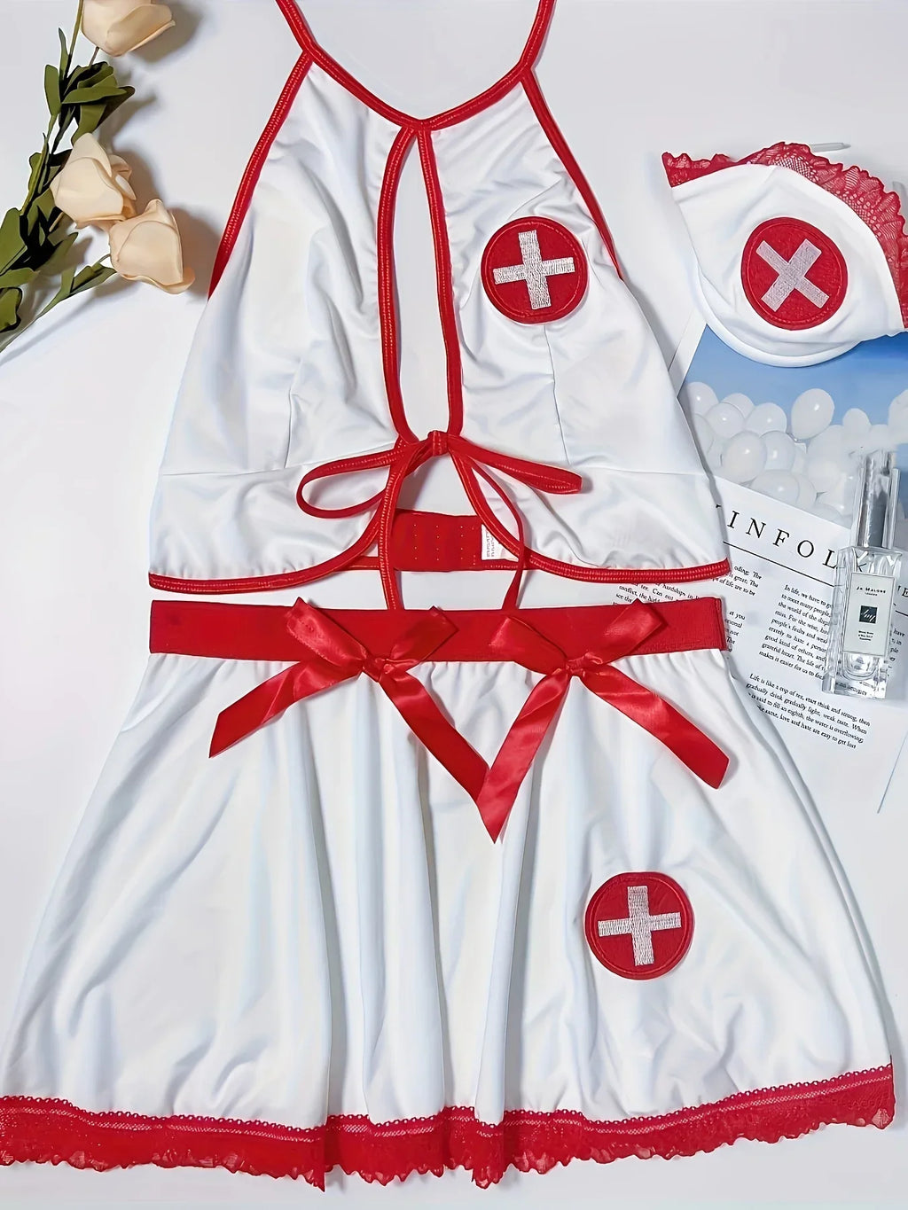 Women Sexy Cosplay Lingerie Naughty Nurse Uniform Exotic Costume Halter Cami Top & Bow Skirt & Thongs & Headwear Underwear