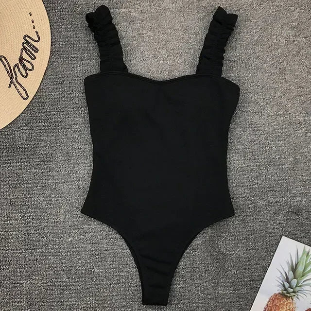 Ribbed Ruffled Frilled Trim Female Swimwear One Piece Swimsuit Women Monokini High Leg Cut Bathing Suit Swim Bodysuit Beach Wear