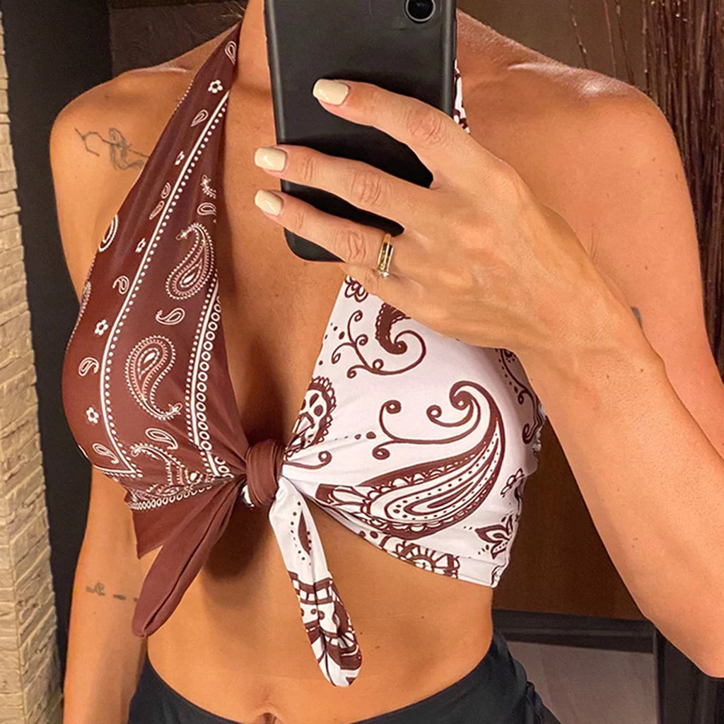 XS - L Sexy Printed Splicing Halter Knotted Bikini Top Female Swimsuit Women Swimwear Bather Bathing Suit Swim Beach Top V5817