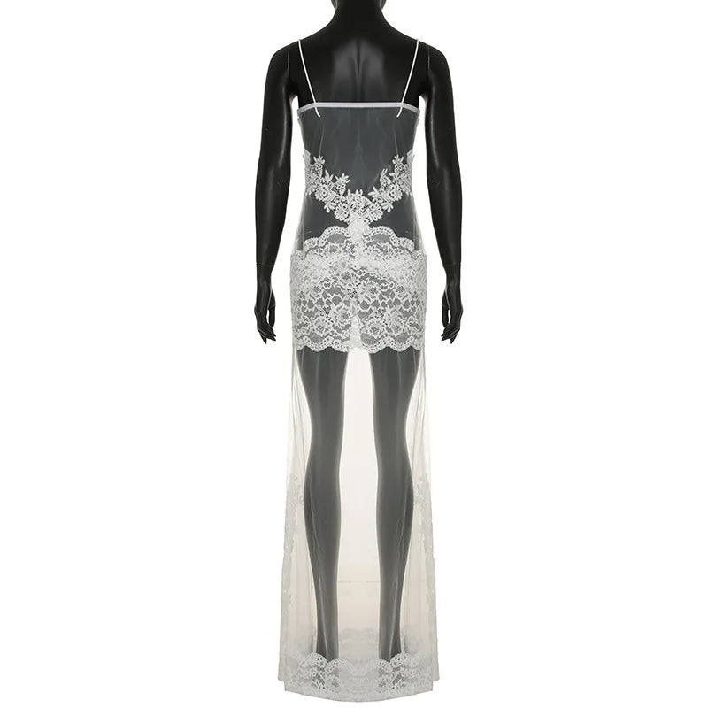 FDYOUI Sexy Lace Patchwork Mesh Long Dress Women Spaghetti Strap See-through Evening Party Dresses White Black Night Club Outfit