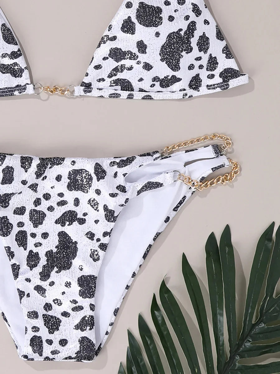 Sexy Cow Print Halter Metal Chains Brazilian Bikini Women Swimsuit Female Swimwear Two Pieces Bikini Set Bathing Suit Swim Lady