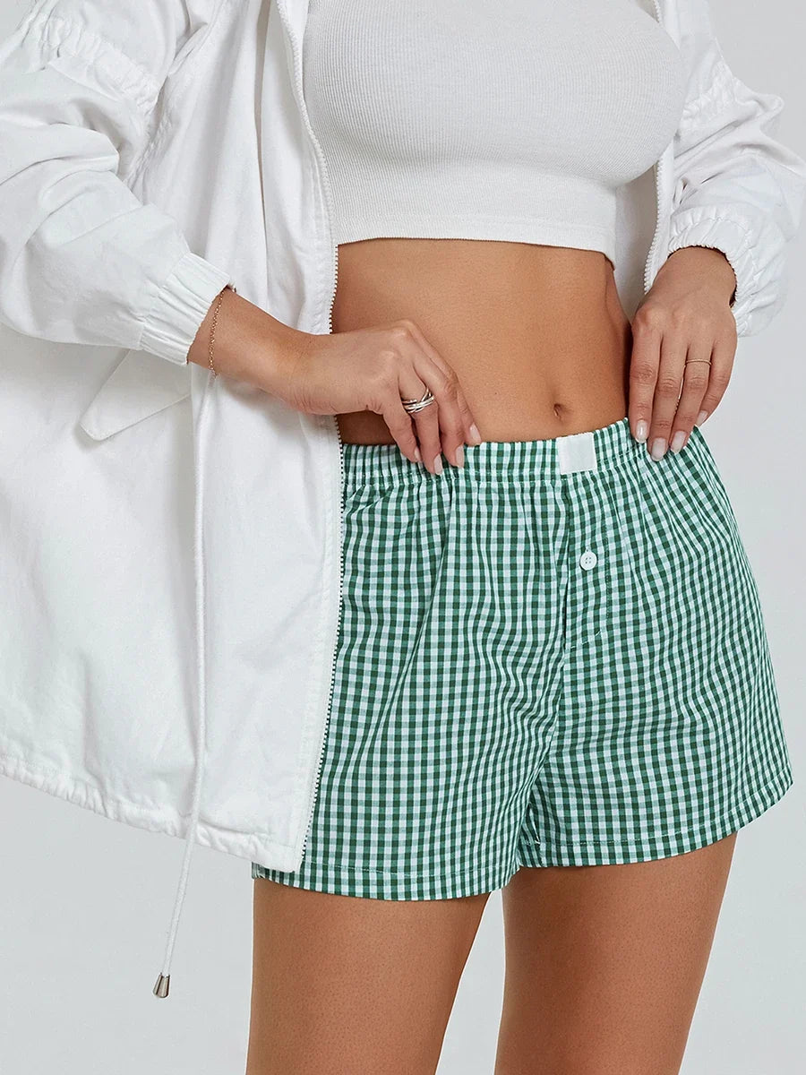Women’s Plaid Print Shorts Elastic Low Waist Button Front Lounge Shorts Boxers Streetwear