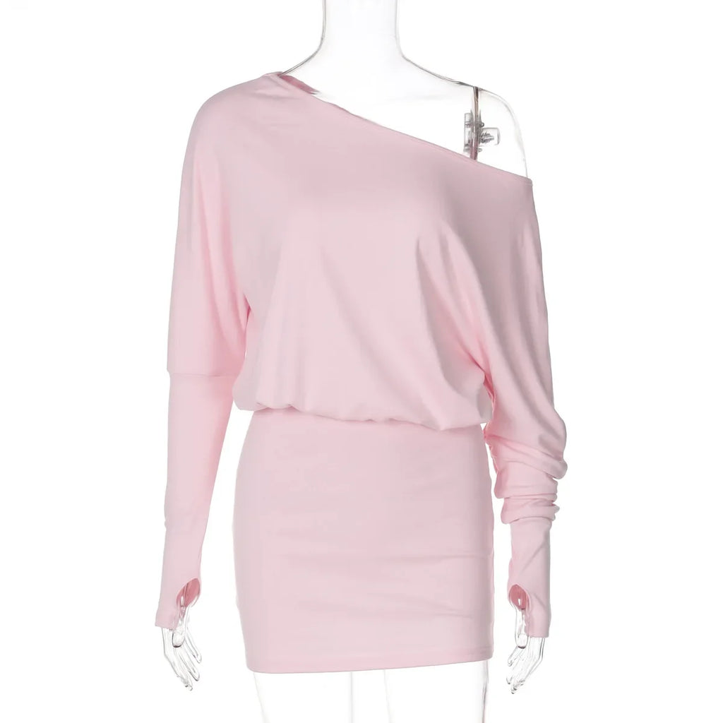 Woman Clothes Diagonal Collar Long Sleeve Package Hip Short Dress Streetwear Black Pink High Waist Tunics Slim Party Dresses