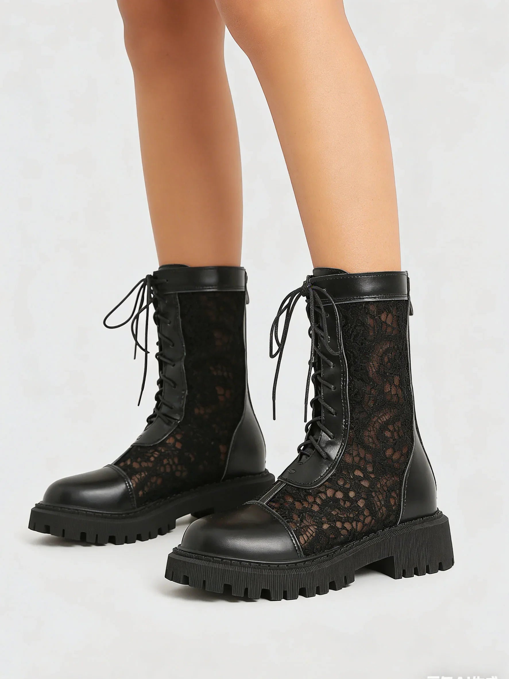 2026 New Big Size 45 Chic Black Lace Mesh Summer Boots Women Round Toe Square Heels Shoelace Zip-up Mid-calf Boots Shoes