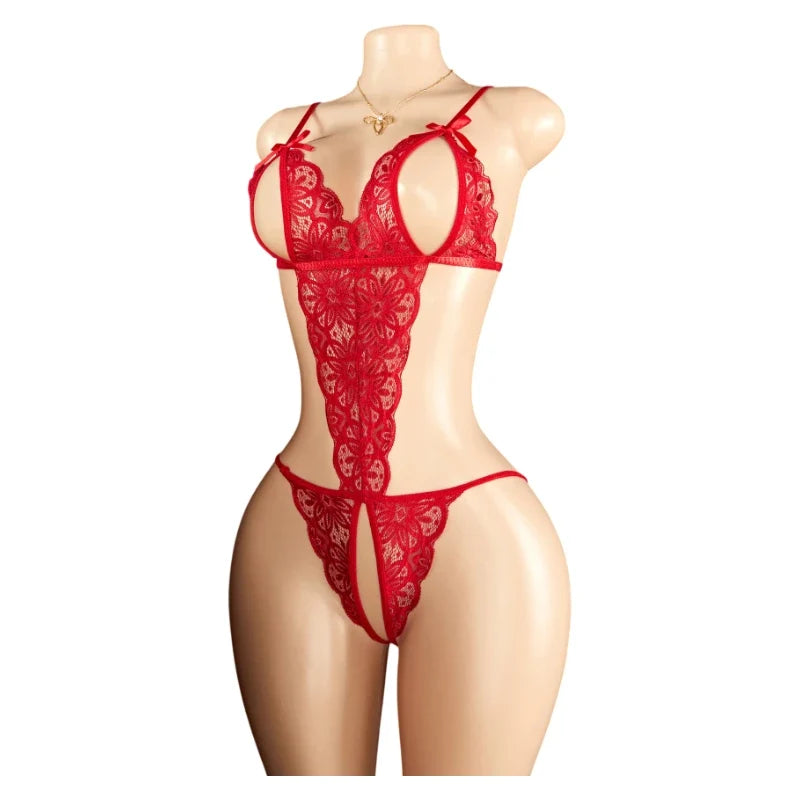 Sexy Red Crotchless Lingerie Open Back Bras BodySuits Transparent Erotic Costumes Deep V  Sexy Lace Fishnet Hollow Underwear Set