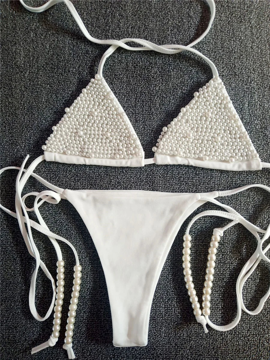 2026 Luxury Pearls Halter Mini Bikini Female Swimsuit Women Swimwear Two-pieces Bikini Set Bather Bathing Suit Swim Beachwear