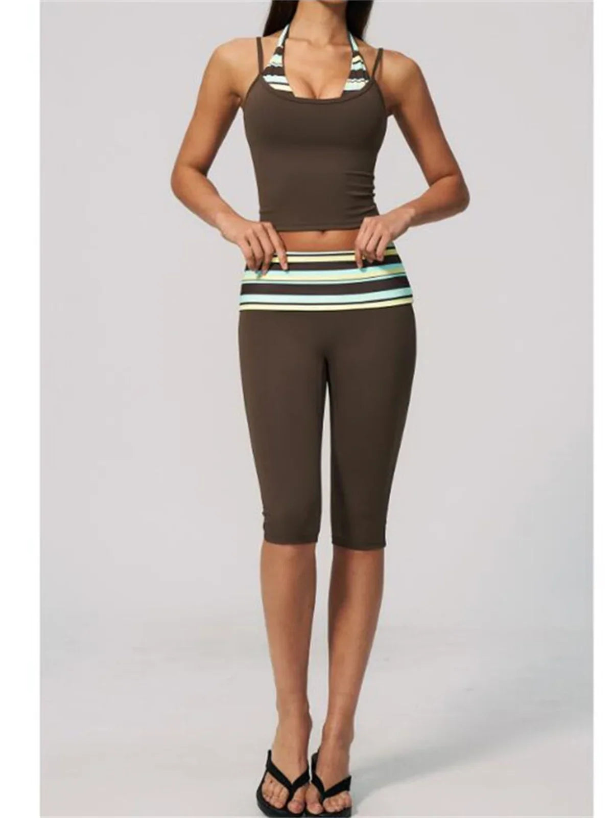 New Fake Two-piece Yoga Sets Women Striped Shock-absorbing Slim Sports Tank Top Fitness Suit Gym High Waist Mid Pants Tracksuit