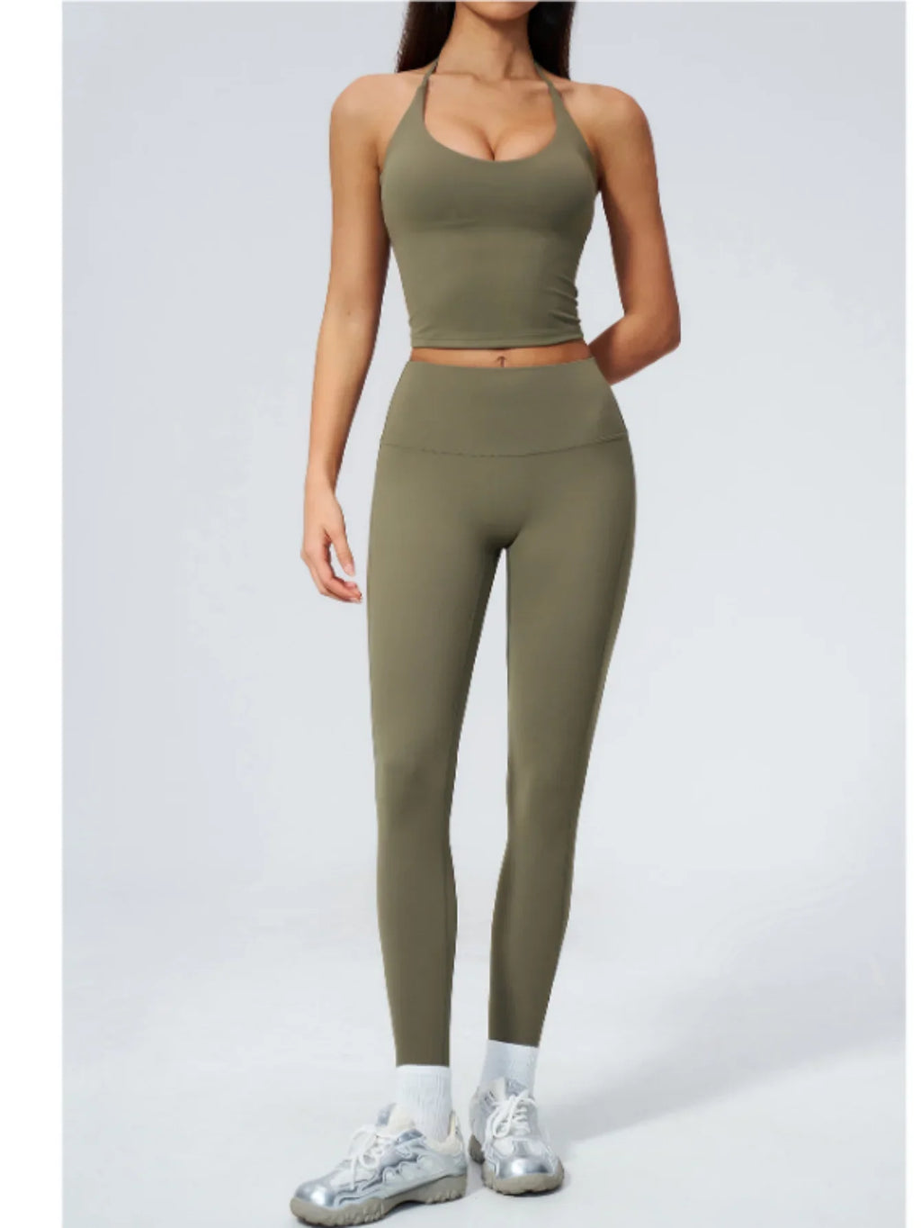 Women Tracksuit 2PCS Seamless Yoga Sets Hanging V Neck Slim Sports Tank Top Fitness Outfits Gym Running High Waist Leggings Suit