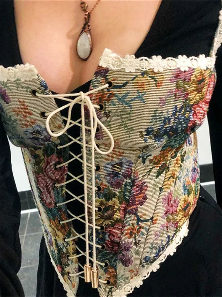 Women Retro Jacquard Corset Lace Floral Trim Bandage Bustier Crop Tops Boat Neck Irregular Camisole Tank Tops Female