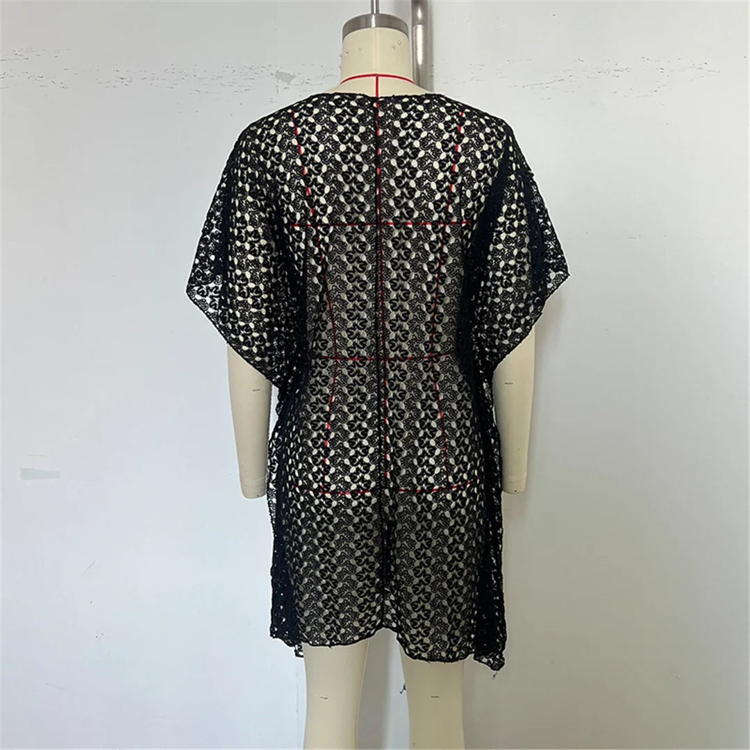 2025 V Neck Short Sleeve Hollow Out Knitted Tunic Beach Cover Up Cover-ups Beach Dress Beach Wear Beachwear Female Women K6535