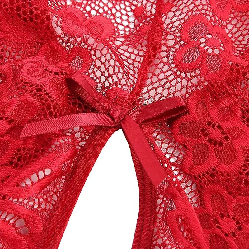 Women Sexy Lace Teddy Lingerie Deep V Mesh Sheer Bodysuit Backless Crotchless One Piece Babydoll Nightwear