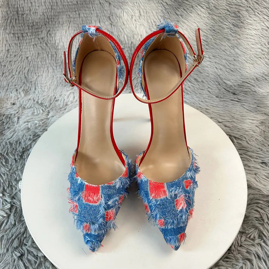 New Denim Fashion Denim color blocking  Sandals High Gladiator Heels Ladies Office Shoes  Plus Big Size45-46 12cm slim heel