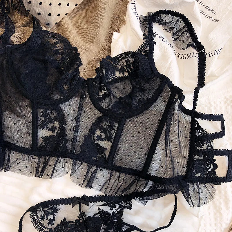 Women's French Lace Lingerie Set Sexy Ultra Thin See Through Bra & Thong Shaping Camisole Embroidery Underwear Set Hot Tushy P P