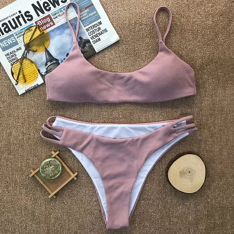 Ribbed Bikins High Cut Bikini 2026 Women Swimsuit Female Swimwear Two-pieces Bikini Set Push Up Bather Bathing Suit Swim Lady