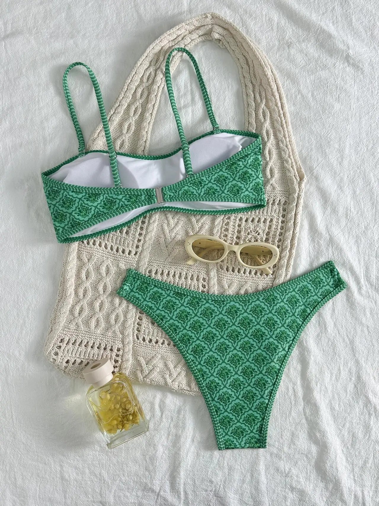 Sexy Bandeau Bikini 2026 Women Green Floral Pleate Push Up Padded Thong Swimsuit Summer Bathing Suit Two Piece Swimwear Biquini