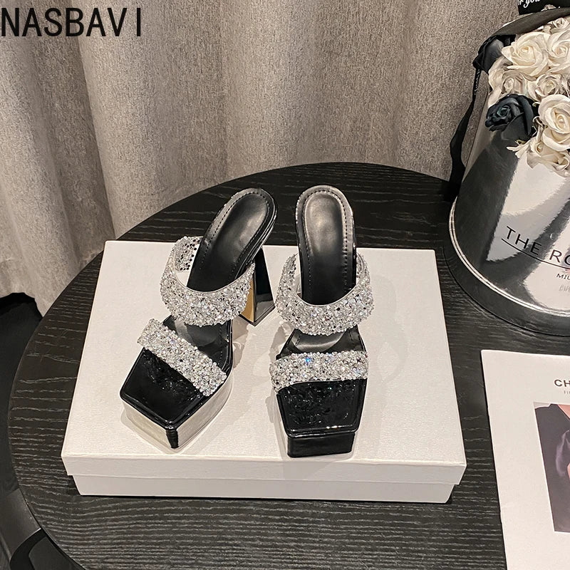 Summer 2026 Crystal Shiny Hollow Out High Heels Women's Sandals Fashion Sexy Size 35-41 Glittering PU Upper Rubber Sole