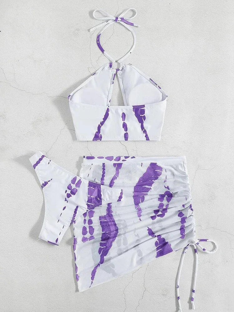 3PCS With Mesh Skirt Halter Bikini Female Swimsuit Women Swimwear Three-pieces Bikini Set Hollow Out Bathing Suit Swim Beachwear