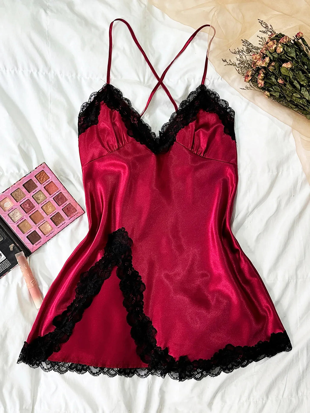 Women's Sleepdress Contrast Lace Satin Nightdress Deep V Backless Lace Up Split Slip Sleep Casual Dress Summer Nightwear Female