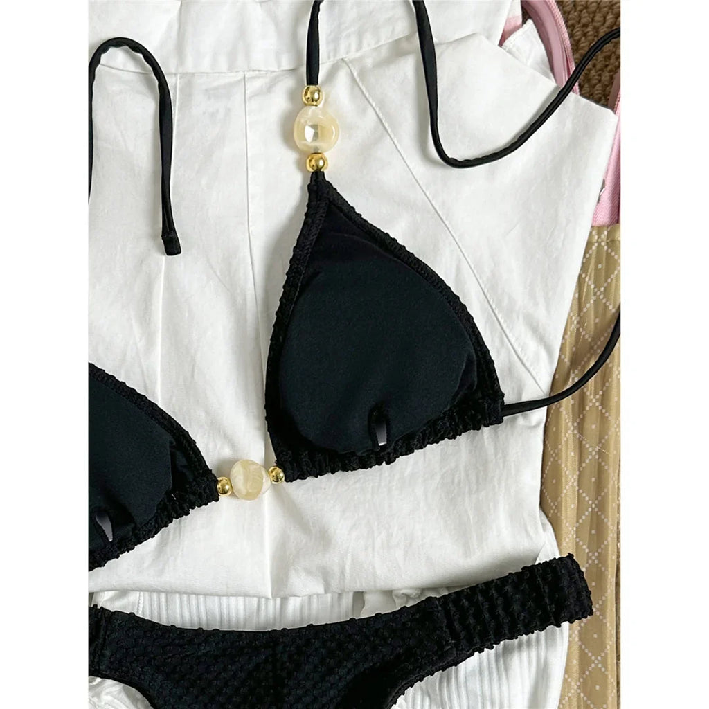 Wrinkled Crinkled Halter Bikini Female Swimsuit Women Swimwear Two-pieces Bikini set Brazilian Bather Bathing Suit Swim V8134