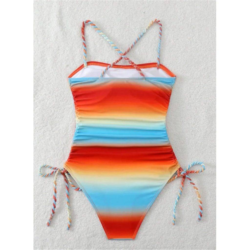 S - XL Gradient Knitted Cross Back Women Swimwear High Leg Cut Monokini Bather Bathing Suit Swim One Piece Swimsuit Female K8129