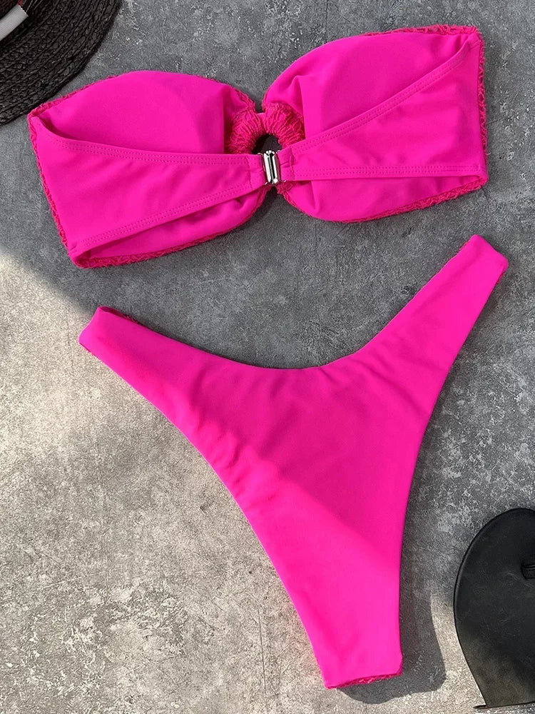 Sexy Fishnet Strapless Bandeau Bikini Women Swimsuit Female Swimwear Two-pieces Bikini set High Cut Bather Bathing Suit Swim