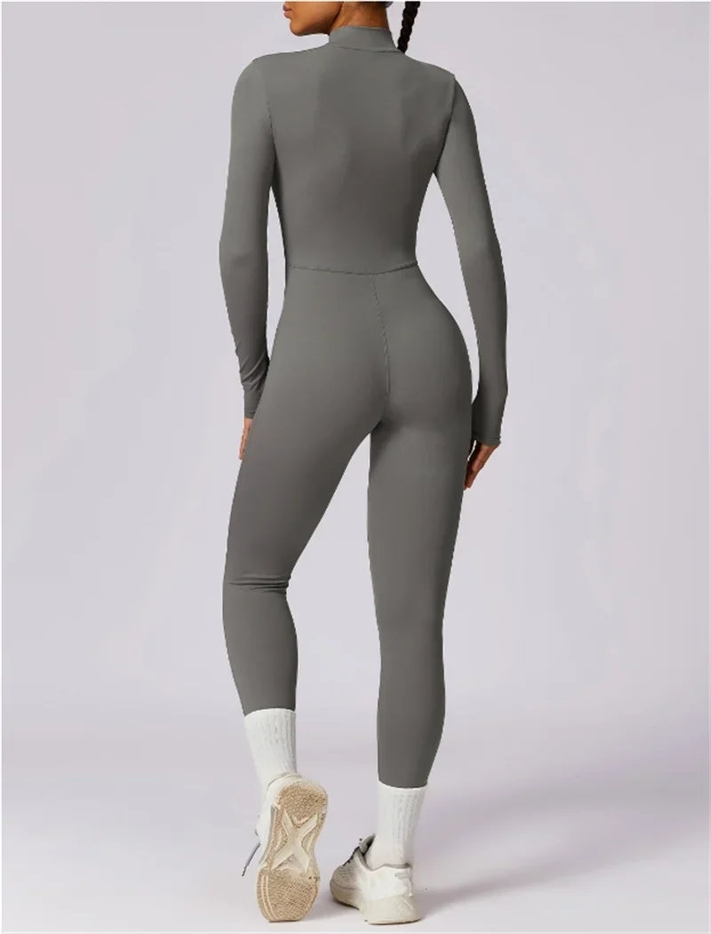 Half zip integrated long yoga jumpsuit solid color sexy long sleeved integrated sportswear for women
